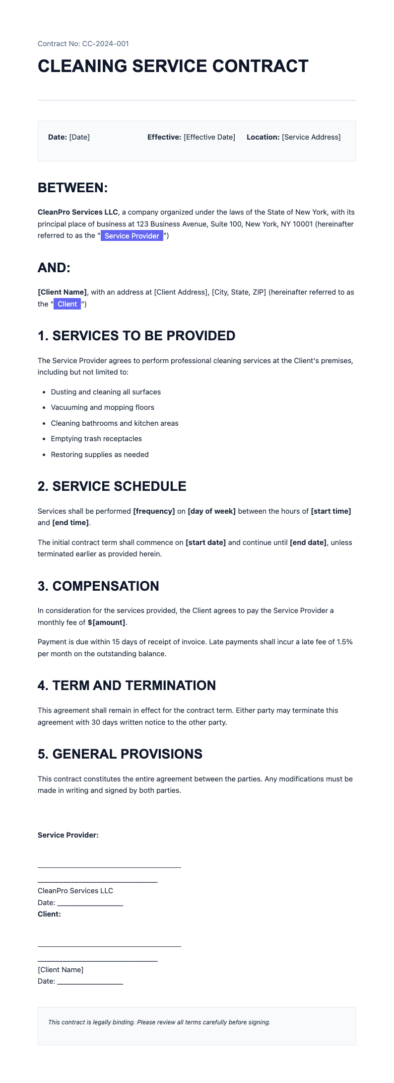 Bold contemporary cleaning contract